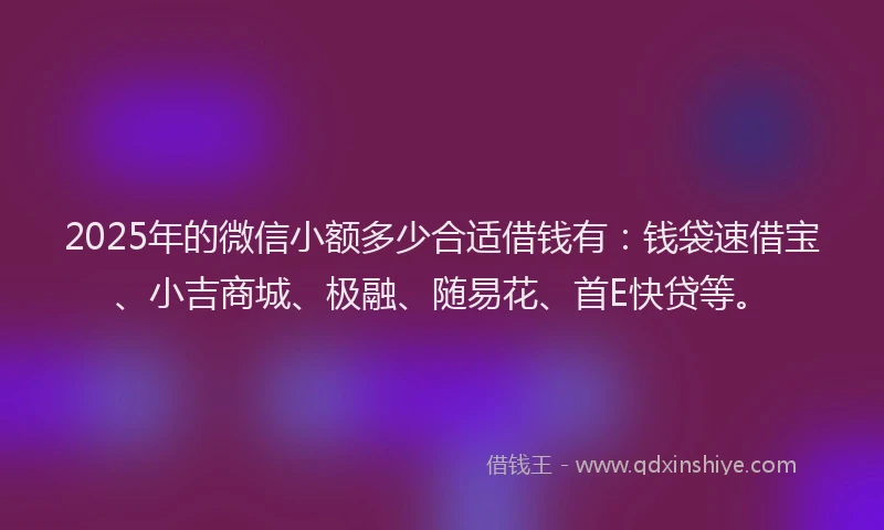 2025年的微信小额多少合适借钱有：钱袋速借宝、小吉商城、极融、随易花、首E快贷等。
