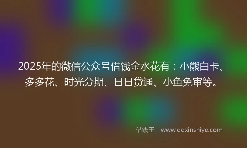 2025年的微信公众号借钱金水花有：小熊白卡、多多花、时光分期、日日贷通、小鱼免审等。