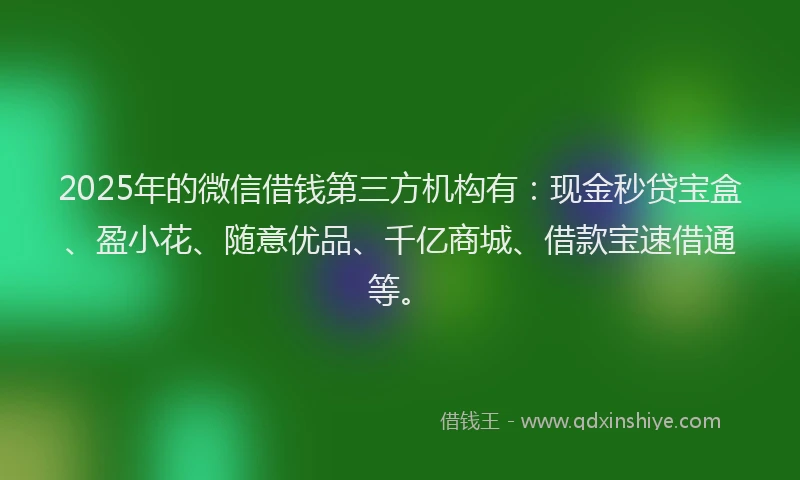 2025年的微信借钱第三方机构有：现金秒贷宝盒、盈小花、随意优品、千亿商城、借款宝速借通等。