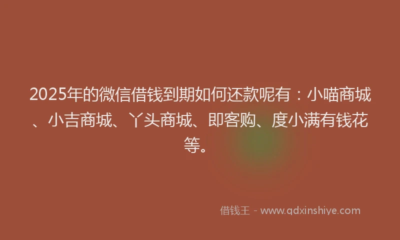 2025年的微信借钱到期如何还款呢有：小喵商城、小吉商城、丫头商城、即客购、度小满有钱花等。
