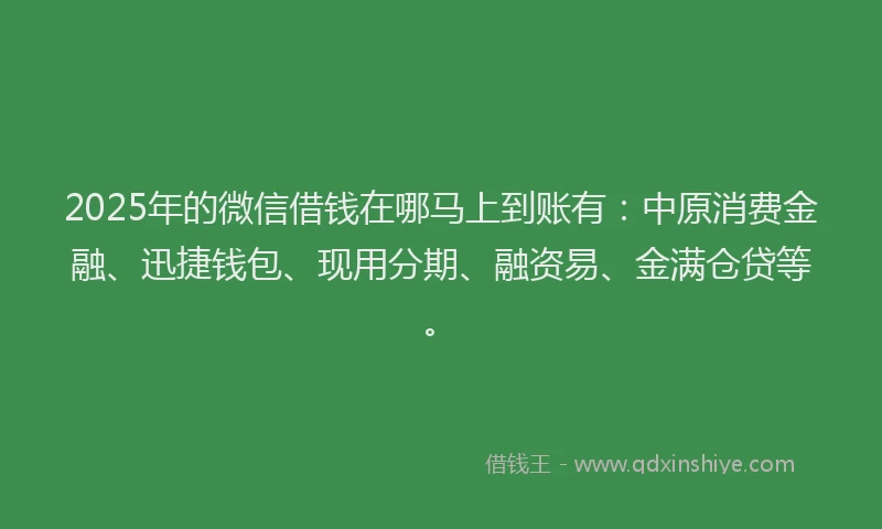 2025年的微信借钱在哪马上到账有：中原消费金融、迅捷钱包、现用分期、融资易、金满仓贷等。