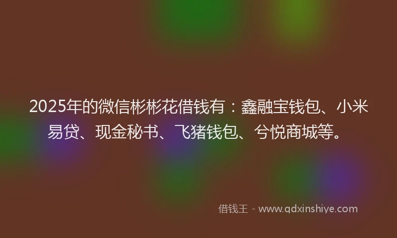 2025年的微信彬彬花借钱有：鑫融宝钱包、小米易贷、现金秘书、飞猪钱包、兮悦商城等。