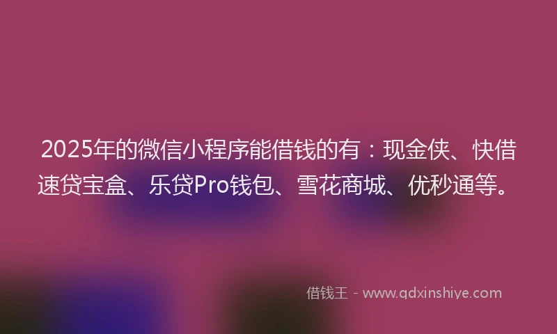 2025年的微信小程序能借钱的有：现金侠、快借速贷宝盒、乐贷Pro钱包、雪花商城、优秒通等。