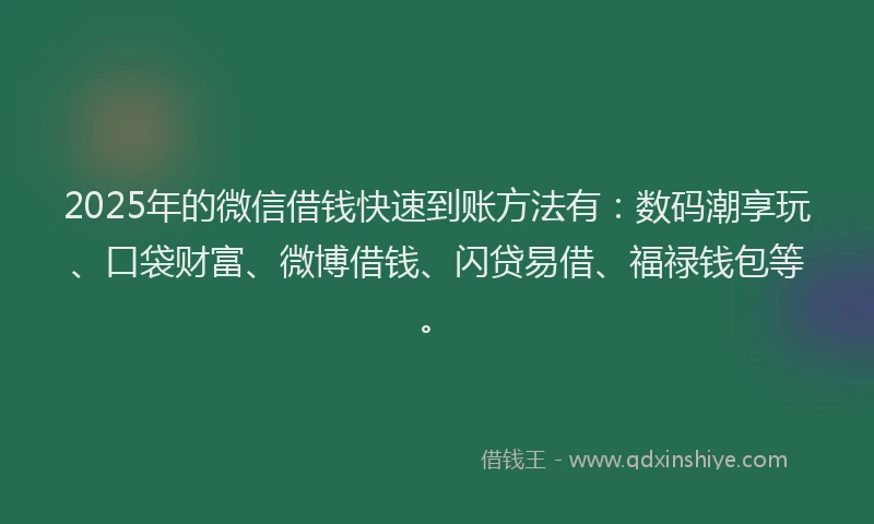 2025年的微信借钱快速到账方法有：数码潮享玩、口袋财富、微博借钱、闪贷易借、福禄钱包等。