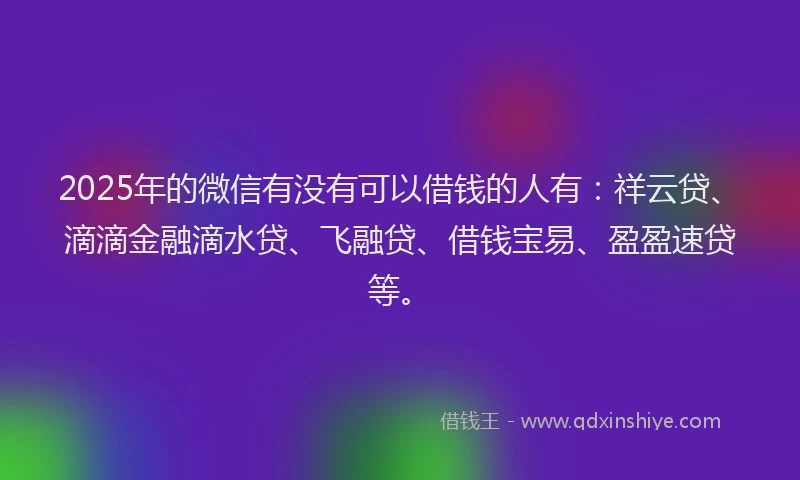 2025年的微信有没有可以借钱的人有：祥云贷、滴滴金融滴水贷、飞融贷、借钱宝易、盈盈速贷等。