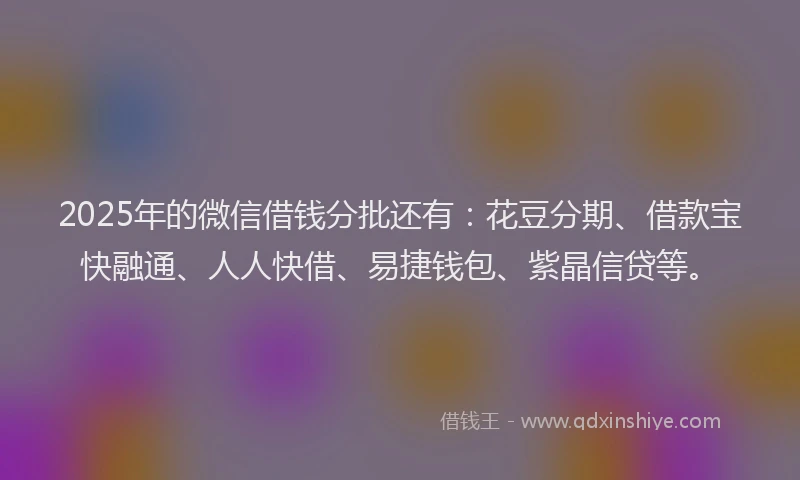 2025年的微信借钱分批还有：花豆分期、借款宝快融通、人人快借、易捷钱包、紫晶信贷等。
