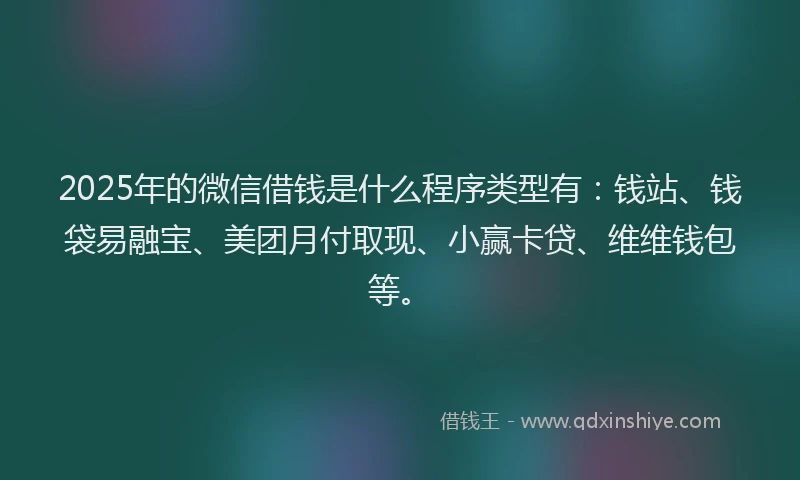 2025年的微信借钱是什么程序类型有：钱站、钱袋易融宝、美团月付取现、小赢卡贷、维维钱包等。