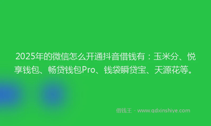 2025年的微信怎么开通抖音借钱有：玉米分、悦享钱包、畅贷钱包Pro、钱袋瞬贷宝、天源花等。
