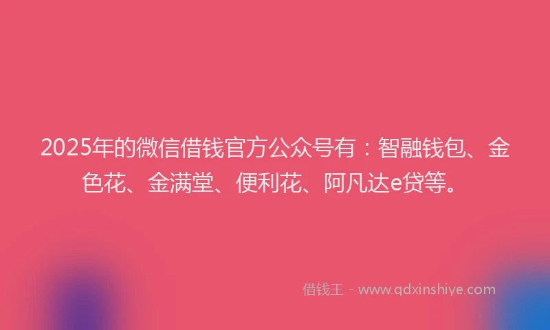 2025年的微信借钱官方公众号有：智融钱包、金色花、金满堂、便利花、阿凡达e贷等。