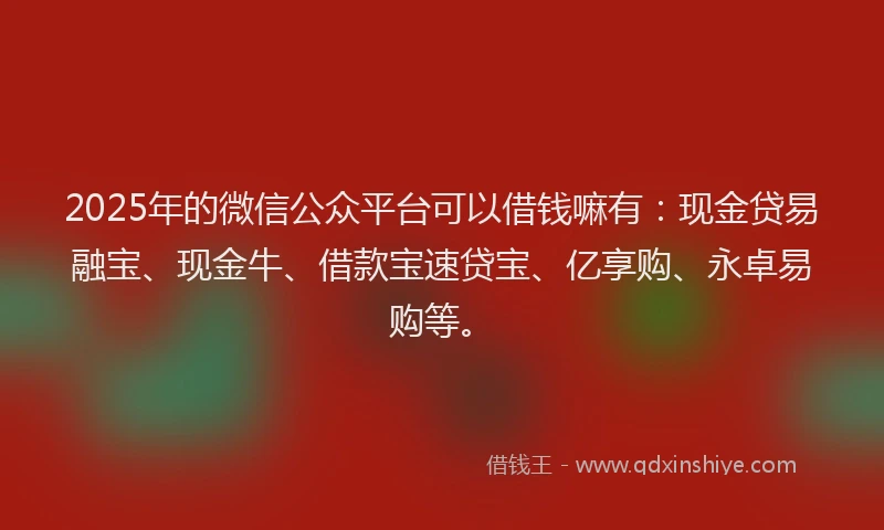 2025年的微信公众平台可以借钱嘛有：现金贷易融宝、现金牛、借款宝速贷宝、亿享购、永卓易购等。