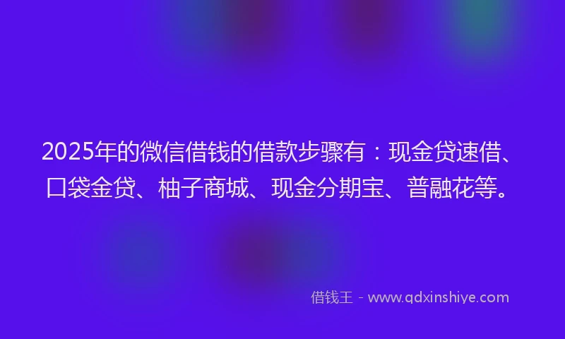 2025年的微信借钱的借款步骤有：现金贷速借、口袋金贷、柚子商城、现金分期宝、普融花等。