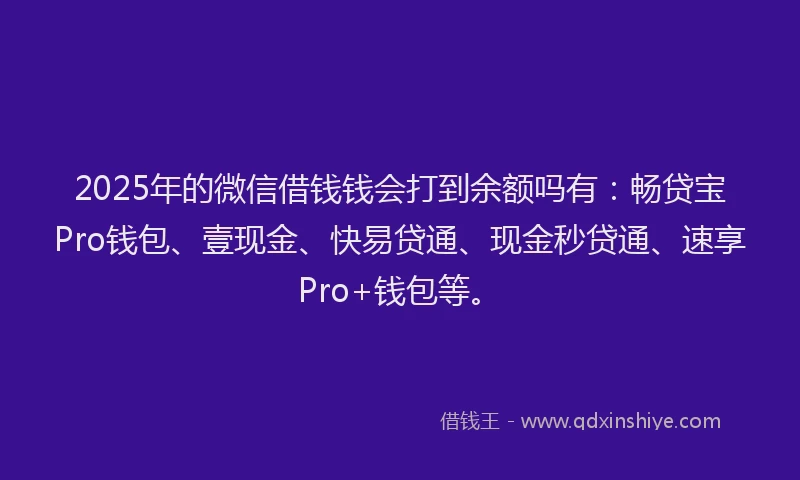2025年的微信借钱钱会打到余额吗有：畅贷宝Pro钱包、壹现金、快易贷通、现金秒贷通、速享Pro+钱包等。