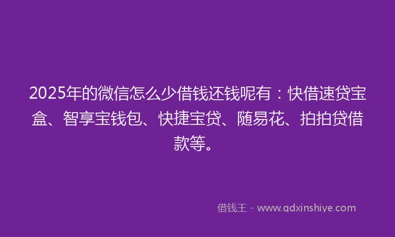 2025年的微信怎么少借钱还钱呢有：快借速贷宝盒、智享宝钱包、快捷宝贷、随易花、拍拍贷借款等。