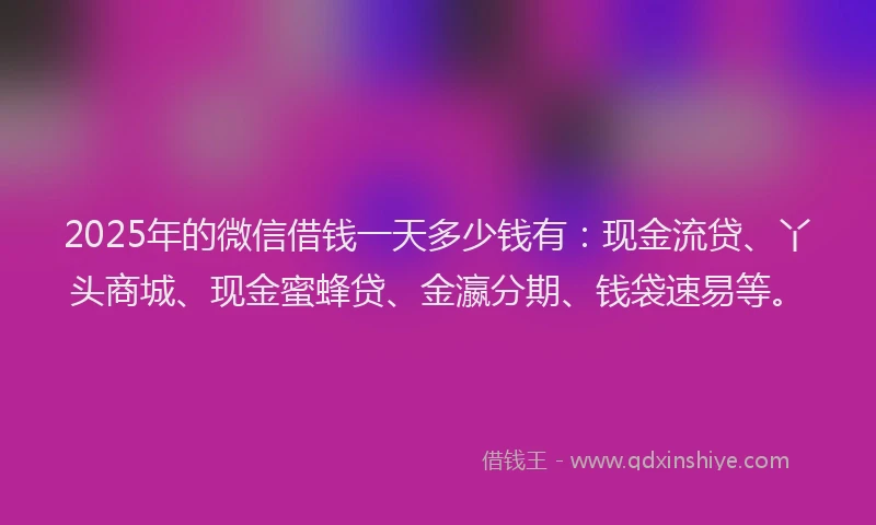 2025年的微信借钱一天多少钱有：现金流贷、丫头商城、现金蜜蜂贷、金瀛分期、钱袋速易等。