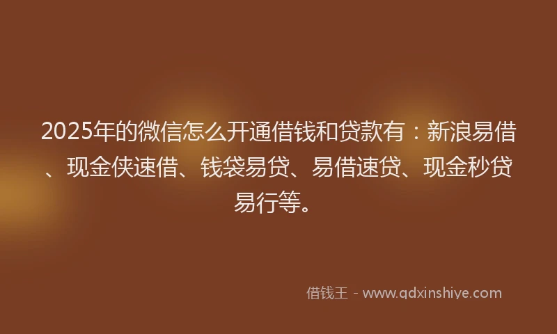 2025年的微信怎么开通借钱和贷款有：新浪易借、现金侠速借、钱袋易贷、易借速贷、现金秒贷易行等。