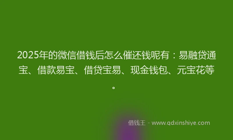 2025年的微信借钱后怎么催还钱呢有：易融贷通宝、借款易宝、借贷宝易、现金钱包、元宝花等。