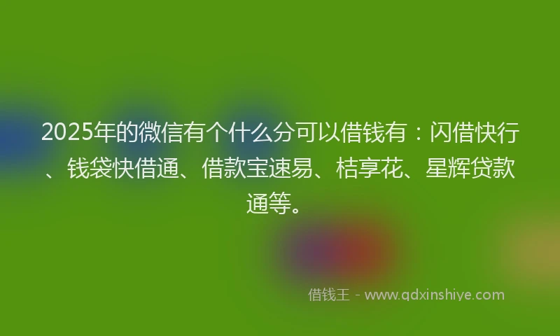 2025年的微信有个什么分可以借钱有：闪借快行、钱袋快借通、借款宝速易、桔享花、星辉贷款通等。