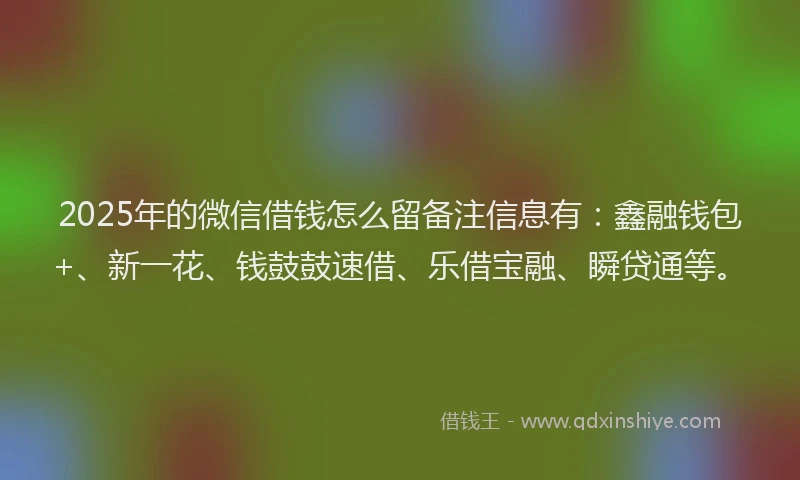2025年的微信借钱怎么留备注信息有：鑫融钱包+、新一花、钱鼓鼓速借、乐借宝融、瞬贷通等。
