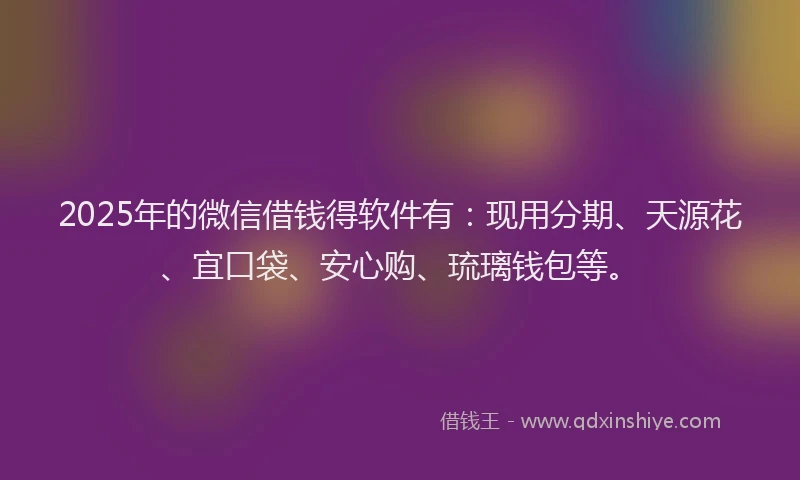2025年的微信借钱得软件有：现用分期、天源花、宜口袋、安心购、琉璃钱包等。