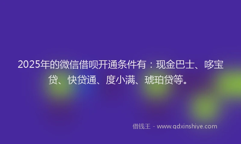 2025年的微信借呗开通条件有：现金巴士、哆宝贷、快贷通、度小满、琥珀贷等。