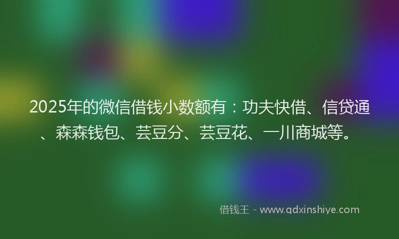 2025年的微信借钱小数额有：功夫快借、信贷通、森森钱包、芸豆分、芸豆花、一川商城等。