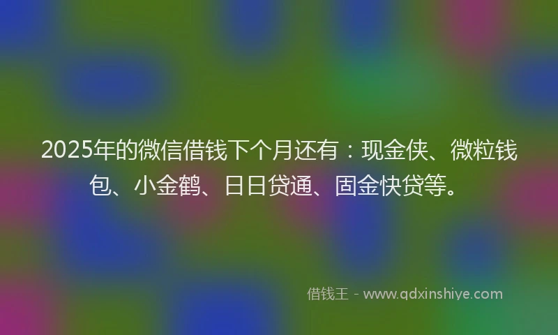 2025年的微信借钱下个月还有：现金侠、微粒钱包、小金鹤、日日贷通、固金快贷等。
