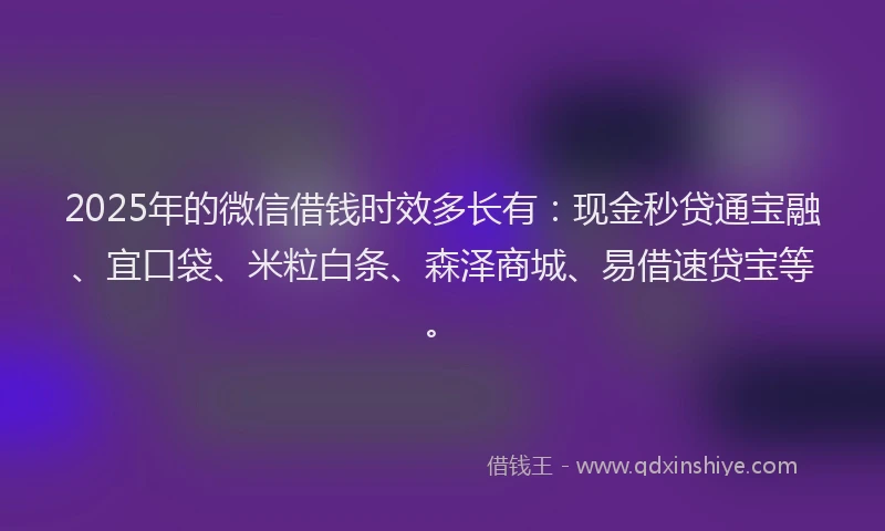 2025年的微信借钱时效多长有：现金秒贷通宝融、宜口袋、米粒白条、森泽商城、易借速贷宝等。