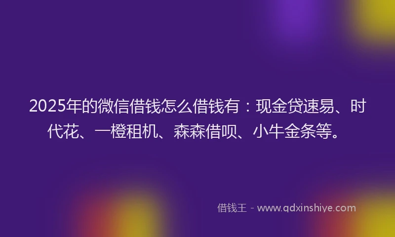 2025年的微信借钱怎么借钱有：现金贷速易、时代花、一橙租机、森森借呗、小牛金条等。