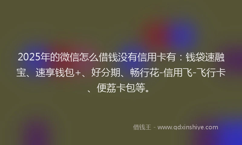 2025年的微信怎么借钱没有信用卡有：钱袋速融宝、速享钱包+、好分期、畅行花-信用飞-飞行卡、便荔卡包等。