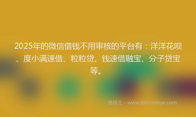 2025年的微信借钱不用审核的平台有：洋洋花呗、度小满速借、粒粒贷、钱速借融宝、分子贷宝等。