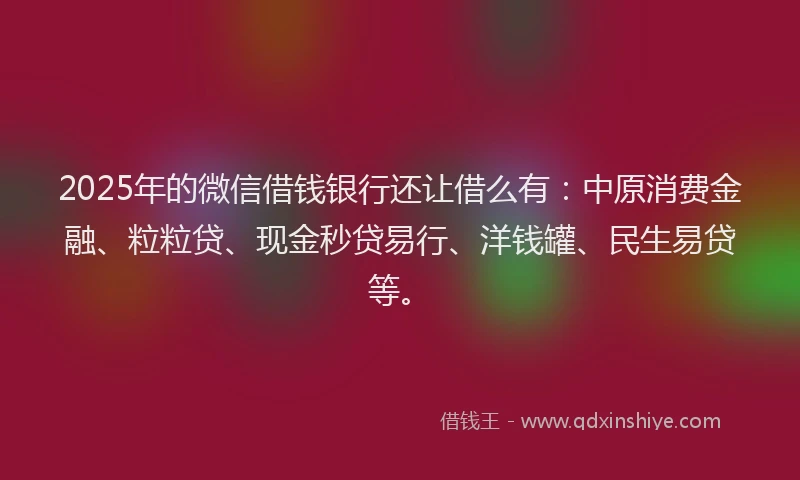 2025年的微信借钱银行还让借么有：中原消费金融、粒粒贷、现金秒贷易行、洋钱罐、民生易贷等。