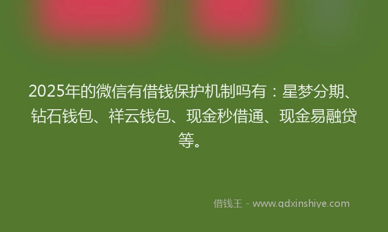 2025年的微信有借钱保护机制吗有：星梦分期、钻石钱包、祥云钱包、现金秒借通、现金易融贷等。