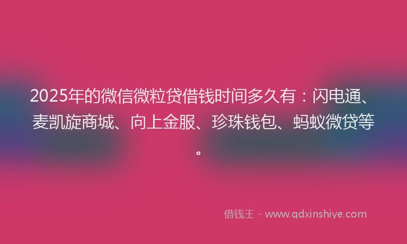 2025年的微信微粒贷借钱时间多久有：闪电通、麦凯旋商城、向上金服、珍珠钱包、蚂蚁微贷等。