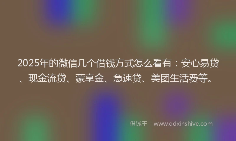 2025年的微信几个借钱方式怎么看有：安心易贷、现金流贷、蒙享金、急速贷、美团生活费等。