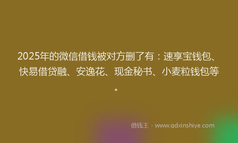 2025年的微信借钱被对方删了有：速享宝钱包、快易借贷融、安逸花、现金秘书、小麦粒钱包等。