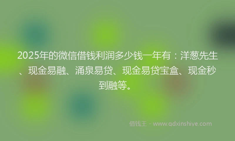 2025年的微信借钱利润多少钱一年有：洋葱先生、现金易融、涌泉易贷、现金易贷宝盒、现金秒到融等。