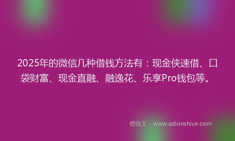 2025年的微信几种借钱方法有：现金侠速借、口袋财富、现金直融、融逸花、乐享Pro钱包等。