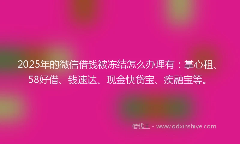 2025年的微信借钱被冻结怎么办理有：掌心租、58好借、钱速达、现金快贷宝、疾融宝等。
