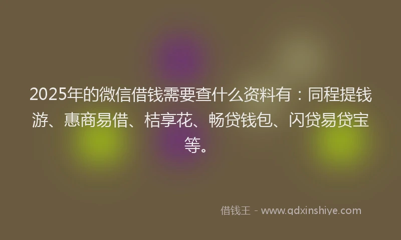 2025年的微信借钱需要查什么资料有：同程提钱游、惠商易借、桔享花、畅贷钱包、闪贷易贷宝等。