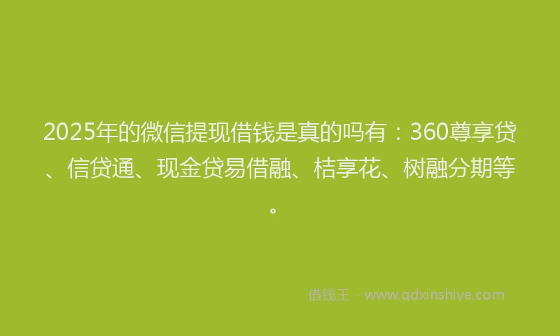 2025年的微信提现借钱是真的吗有：360尊享贷、信贷通、现金贷易借融、桔享花、树融分期等。