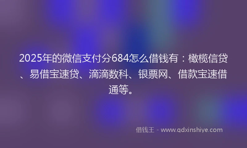 2025年的微信支付分684怎么借钱有：橄榄信贷、易借宝速贷、滴滴数科、银票网、借款宝速借通等。