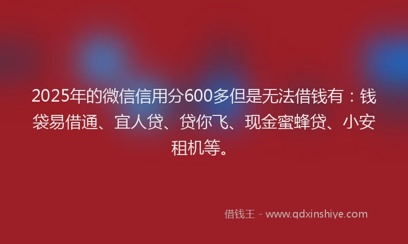 2025年的微信信用分600多但是无法借钱有：钱袋易借通、宜人贷、贷你飞、现金蜜蜂贷、小安租机等。
