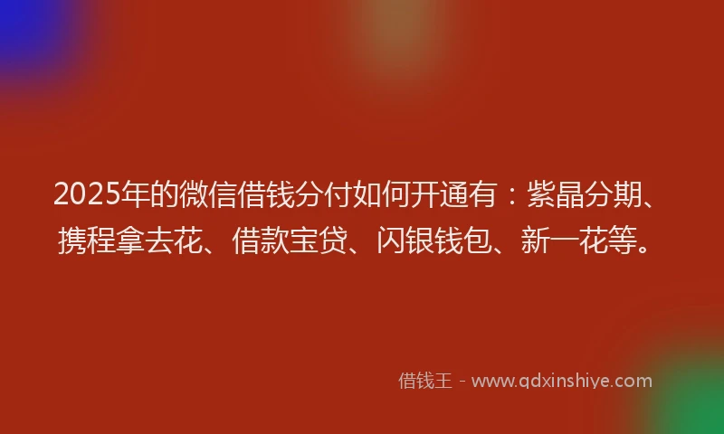 2025年的微信借钱分付如何开通有：紫晶分期、携程拿去花、借款宝贷、闪银钱包、新一花等。