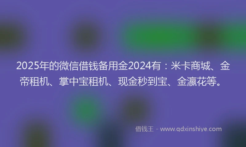 2025年的微信借钱备用金2024有：米卡商城、金帝租机、掌中宝租机、现金秒到宝、金瀛花等。
