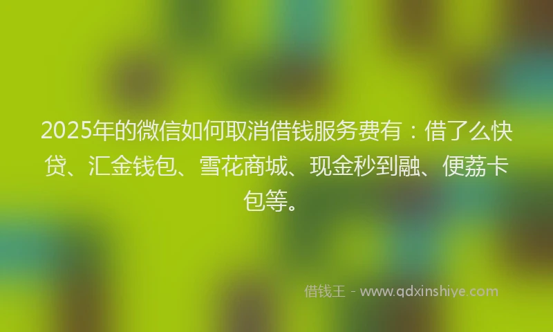 2025年的微信如何取消借钱服务费有：借了么快贷、汇金钱包、雪花商城、现金秒到融、便荔卡包等。