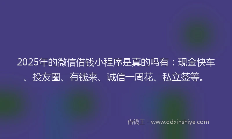 2025年的微信借钱小程序是真的吗有：现金快车、投友圈、有钱来、诚信一周花、私立签等。