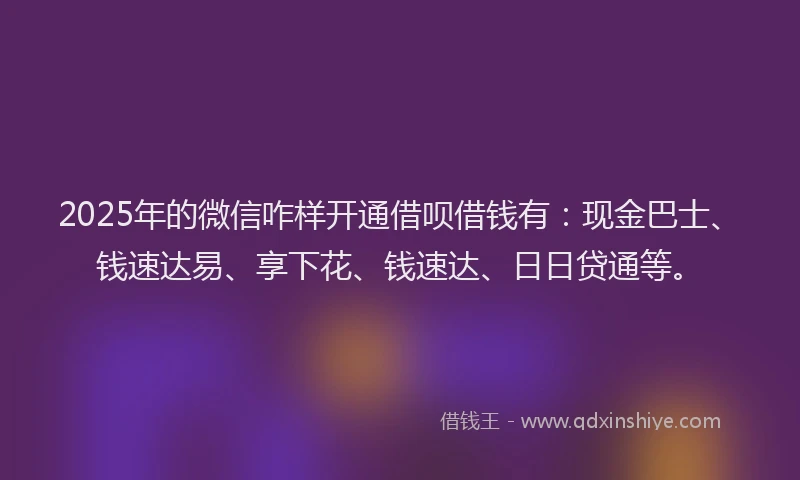 2025年的微信咋样开通借呗借钱有：现金巴士、钱速达易、享下花、钱速达、日日贷通等。