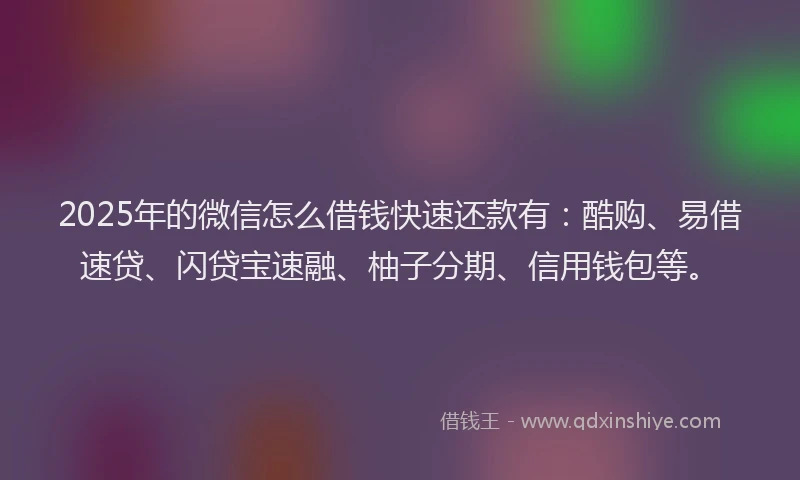 2025年的微信怎么借钱快速还款有：酷购、易借速贷、闪贷宝速融、柚子分期、信用钱包等。
