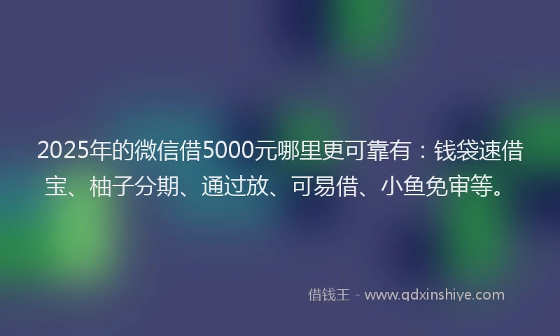 2025年的微信借5000元哪里更可靠有：钱袋速借宝、柚子分期、通过放、可易借、小鱼免审等。