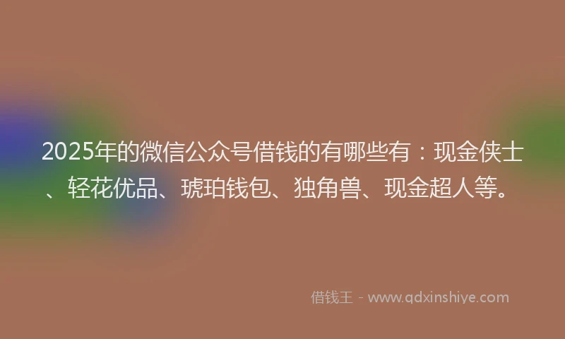 2025年的微信公众号借钱的有哪些有：现金侠士、轻花优品、琥珀钱包、独角兽、现金超人等。